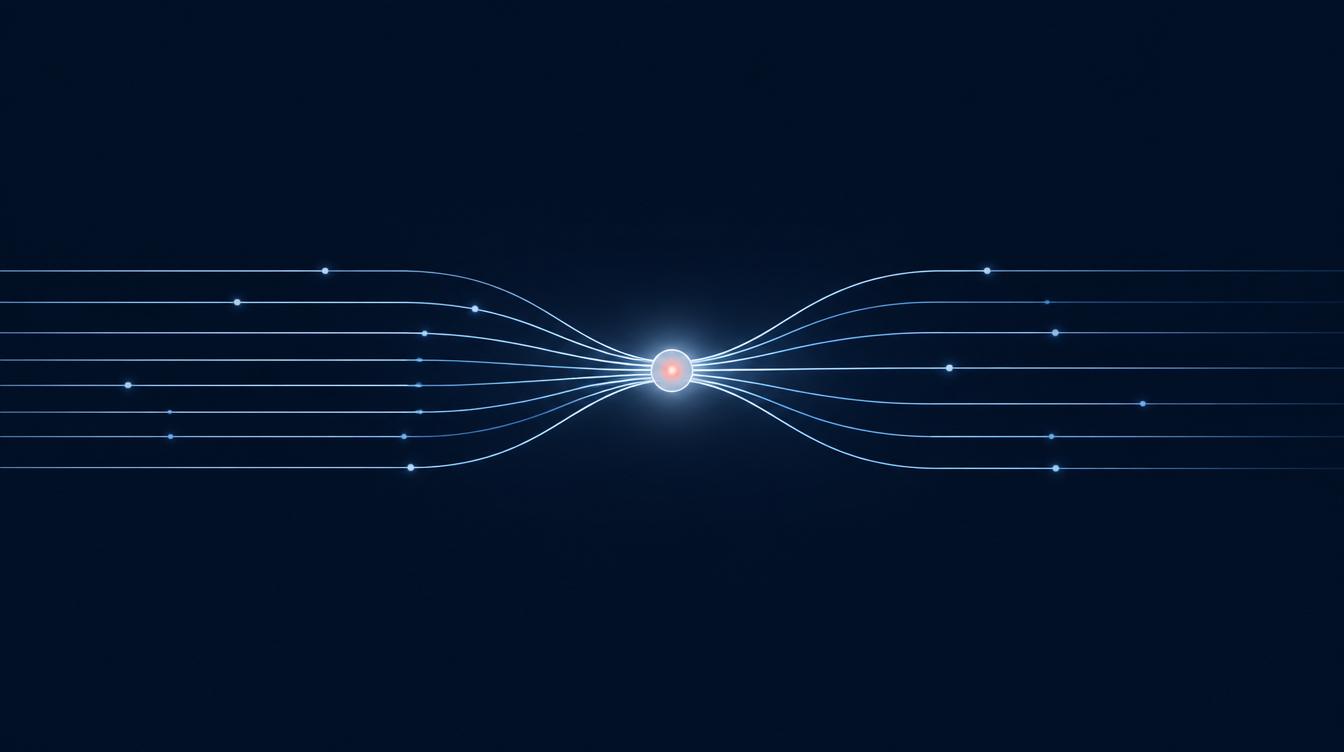 Abstract visual of business workflows converging on an AI core